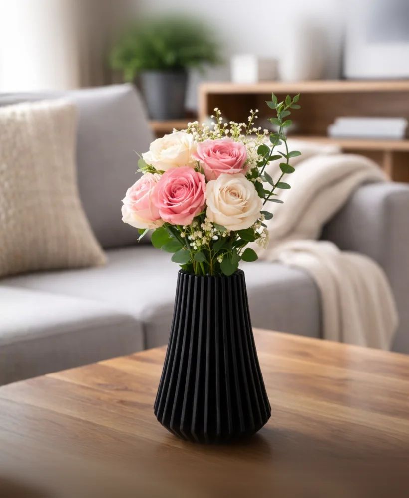Vase Plissé (avec Fleurs) - vase imprimé en 3D, décoration intérieure, fabriqué en France
