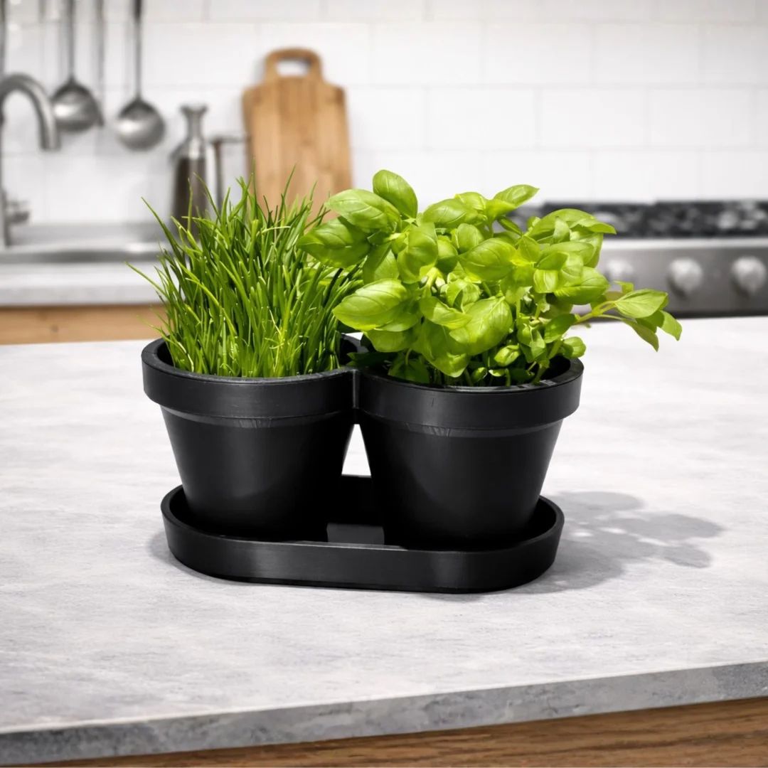 Double Pot de Fleurs Noir - vase imprimé en 3D, décoration intérieure, fabriqué en France