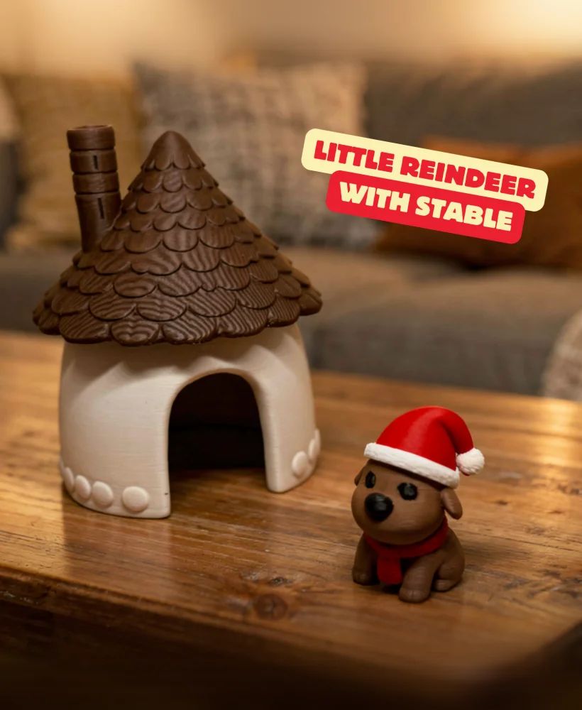 Petit Renne avec son étable - décoration de fête imprimée en 3D, idée cadeau